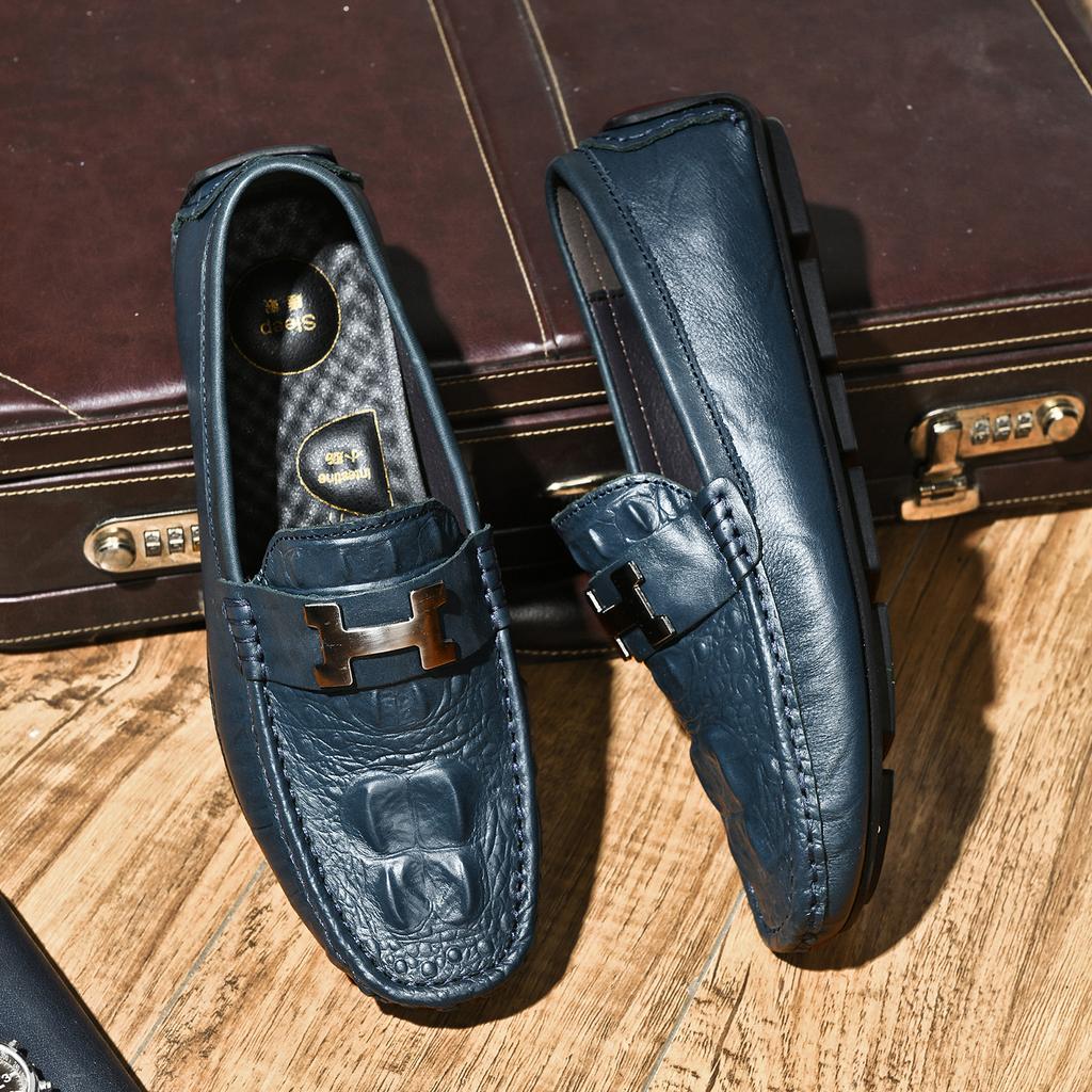 The First Layer of Cowhide Live Broadcast Crocodile Pattern Genuine Leather Beanie Shoes Lazy Driving Shoes British Casual Men's Leather Shoes