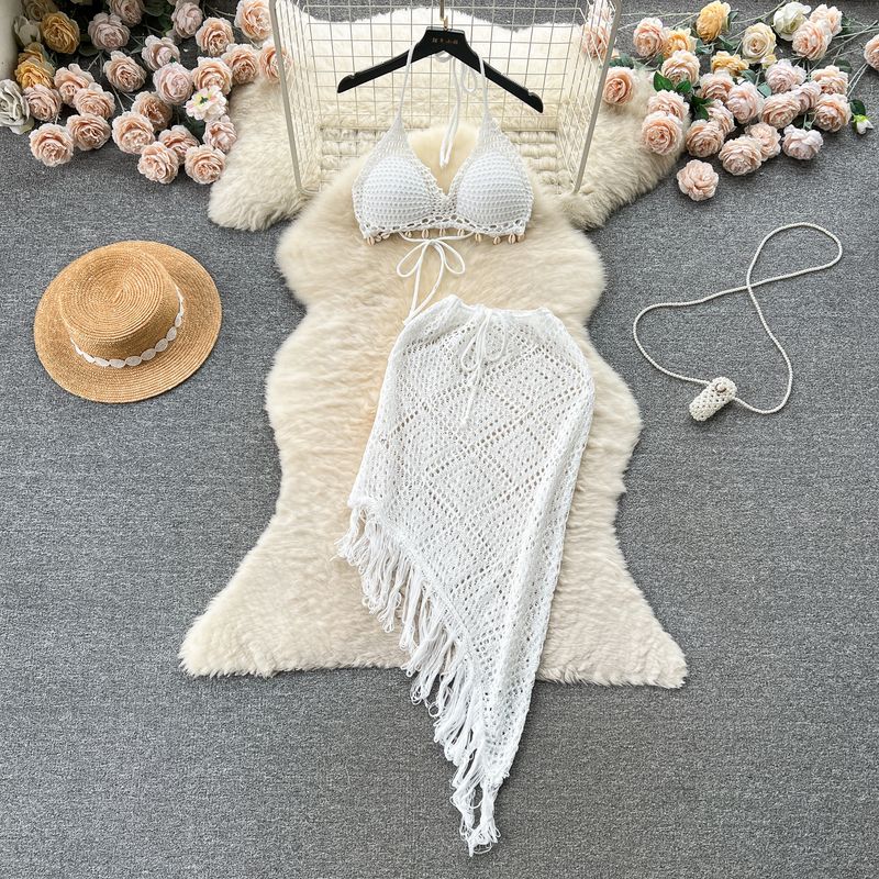 

Hong Kong Style Vacation Style Suit Women s Stylish Bikini Halterneck Vest All-Matching Tassel Skirt Knitted Two-Piece White One size