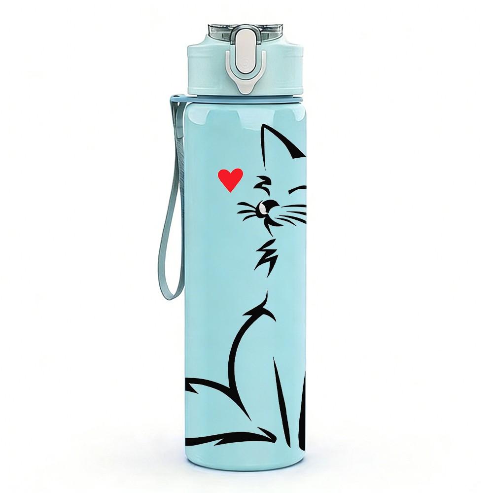 1PC White Cat Sitting Simple Sketch Print 750ml Color Plastic Sports Water Bottle Leakproof Flip Straw Lid Suitable for Sports Office Home Use