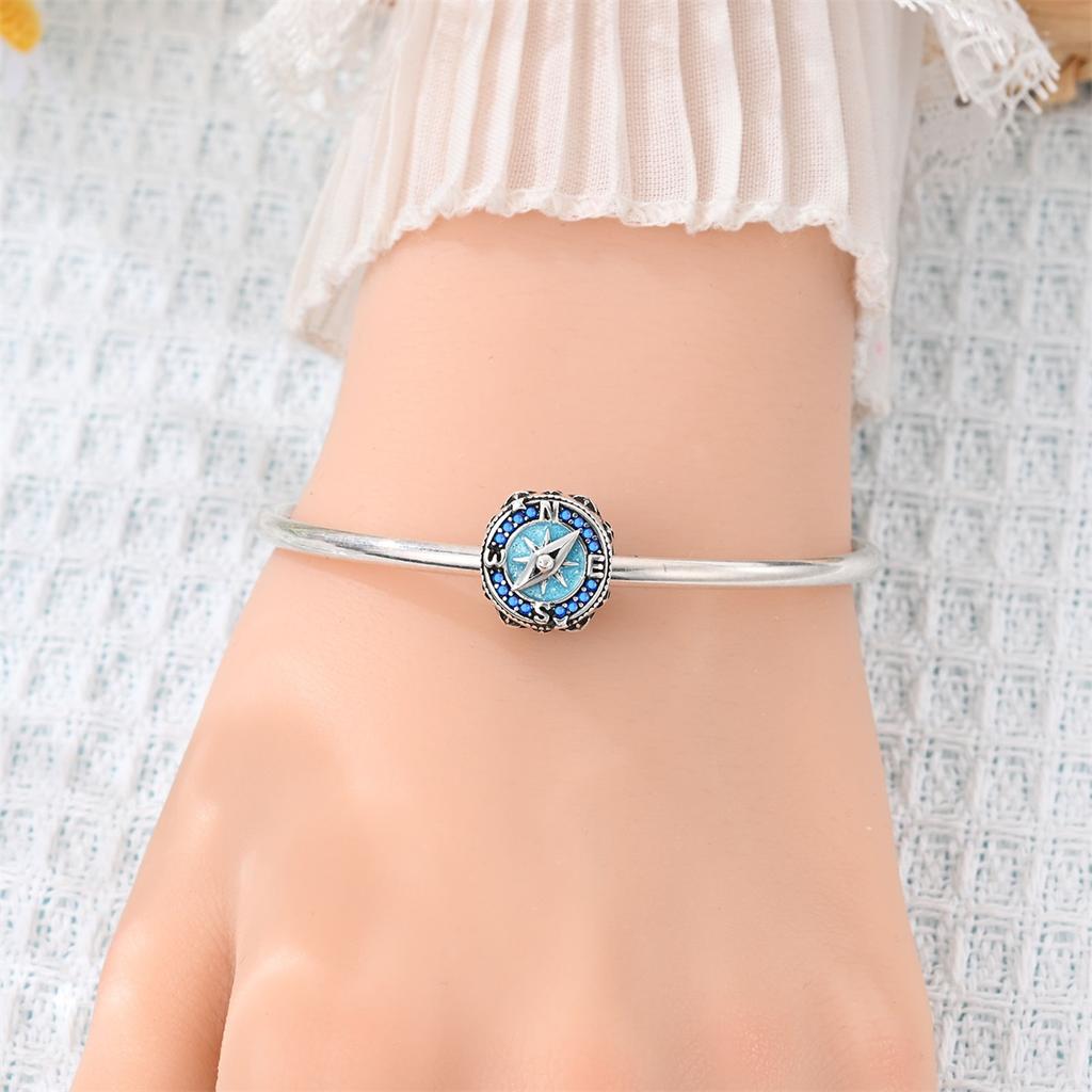 Blue Compass Charm Bead 925 Silver Fit 3mm Original Bracelets Necklace Women's Jewelry Accessories DIY