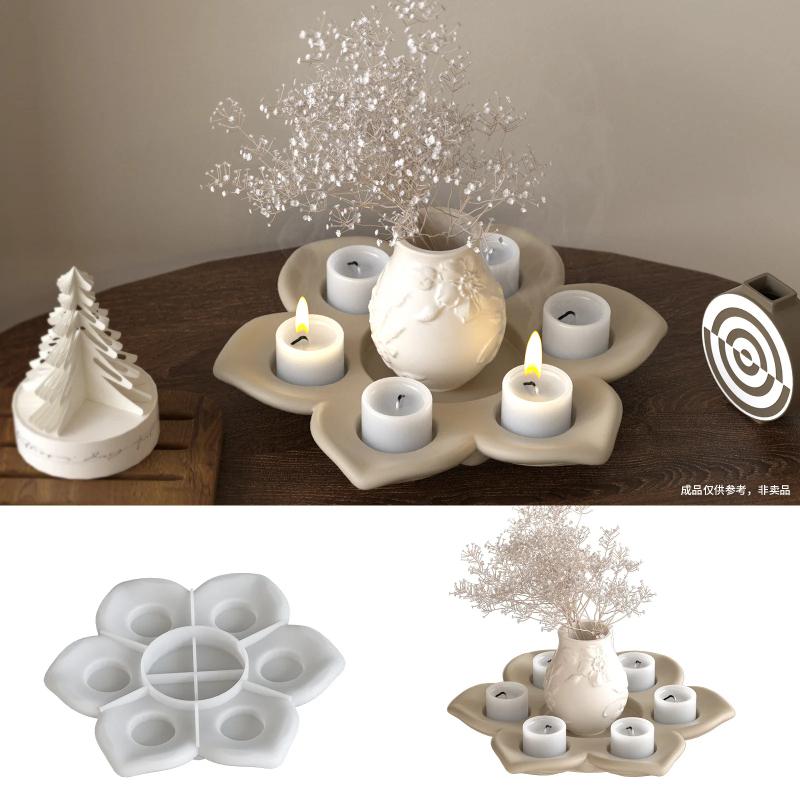 Lotus Flower Silicone Mold Aromatherapy Candlestick Ornament DIY Plaster Resin Simple Candle Base Organizer Tray Making Moulds