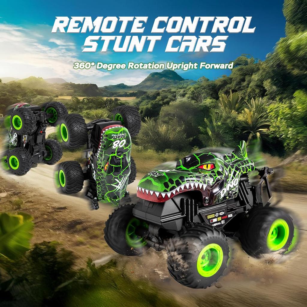 Remote Control Monster Truck - Dinosaur Monster Truck Toys with Music and Light, 1:20 Scale RC Truck with 360° Spins, Remote Control Car for Boys