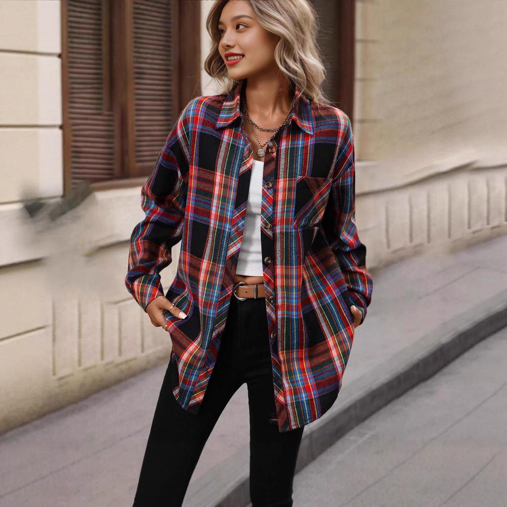 Women's POLO Collar Long Sleeve Plaid Shirt Loose Fit Vintage Casual Flannel Blouse