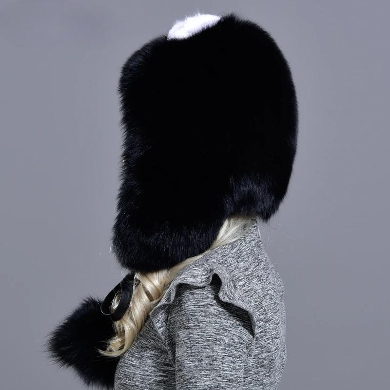 Womens Winter Hats and Caps Natural Fur Fox Hat with Tails 2 Balls Fluffy Fur Elegant Fashionable Stylish Warm Hat with Earflaps