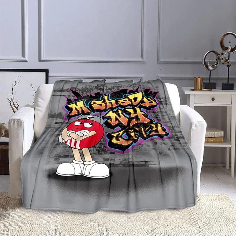 M&M Bohnen Schokolade Cartoon Aufdruck Plüschdecke, Modisch, Warm, Wandern, Zuhause, Sofa, Bettwäsche, Kinderbettdecke Geschenk