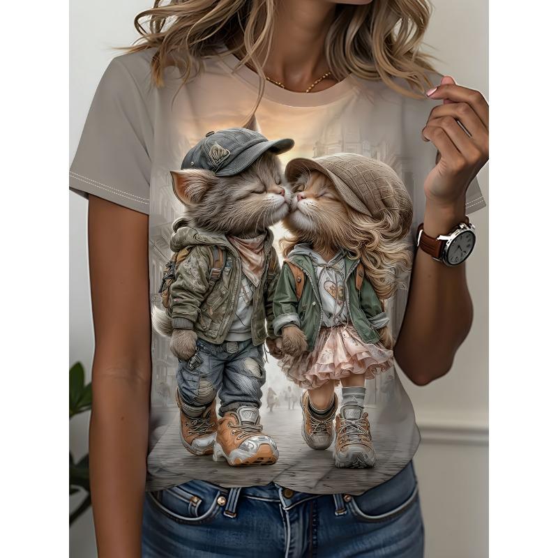 Women's Summer Fashion Short Sleeved Top Sweetwear Cute Cat Pattern Print Daily Date Attire T-Shirts Women Tees Clothing Female