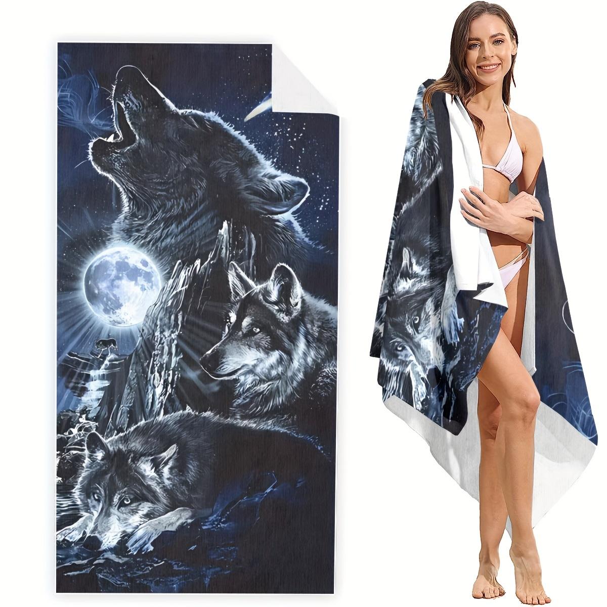 

Women s Oversized Microfiber Beach Towel, Lightweight, Quick-Dry, Wolf Pattern, Windproof & Sunscreen,Perfect for Outdoor Travel W40*H60(CM)