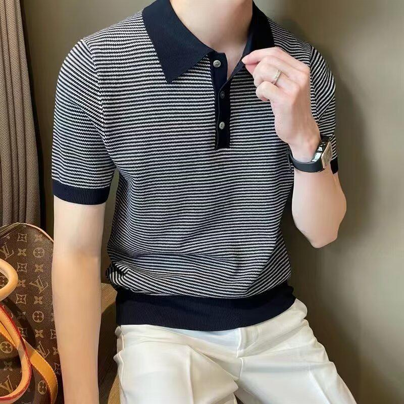 Men's European Style Ice Silk Striped Polo Shirt