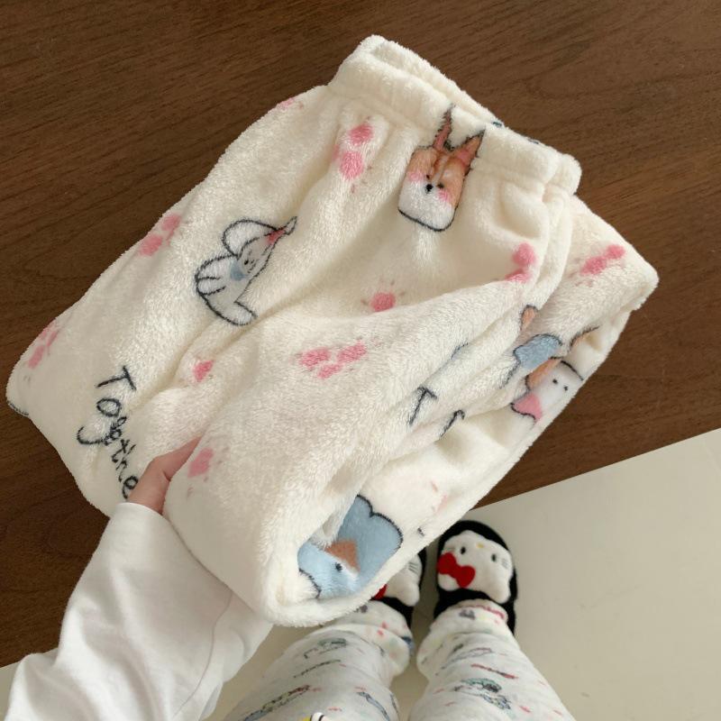 Women's Flannel Plaid Sleep Pants - Autumn/Winter Velvet Warm Coral Fleece Pajama Bottoms