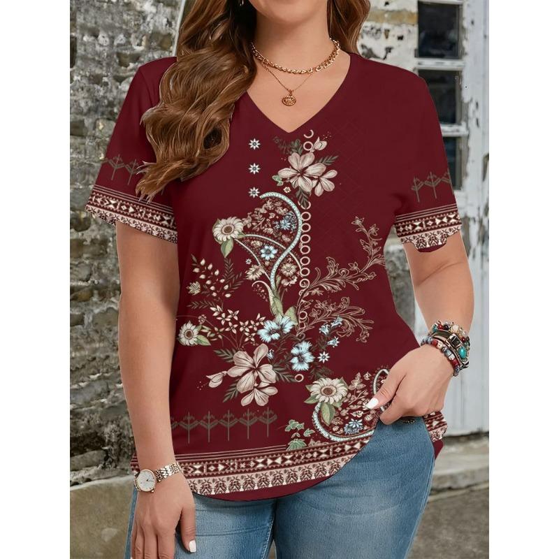 Summer Ethnic Style Floral 3D Print T-Shirts Women's V-Neck Short Sleeve T Shirt Y2k Harajuku Tees Casual Tops Female Clothing