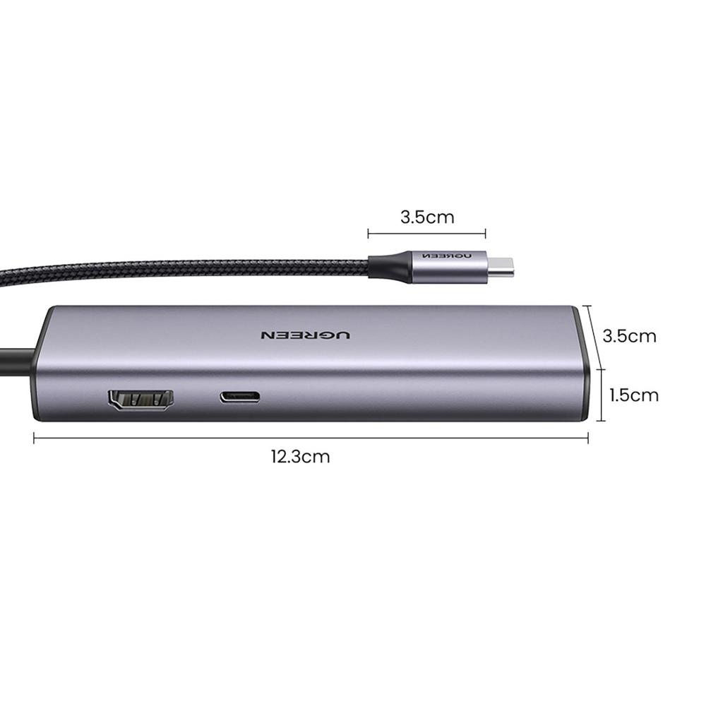 Ugreen CM512 Multiport USB-C Hub: Dual USB-A 3.0, HDMI, Ethernet, SD/TF Card Reader, 100W Power Delivery - Gray