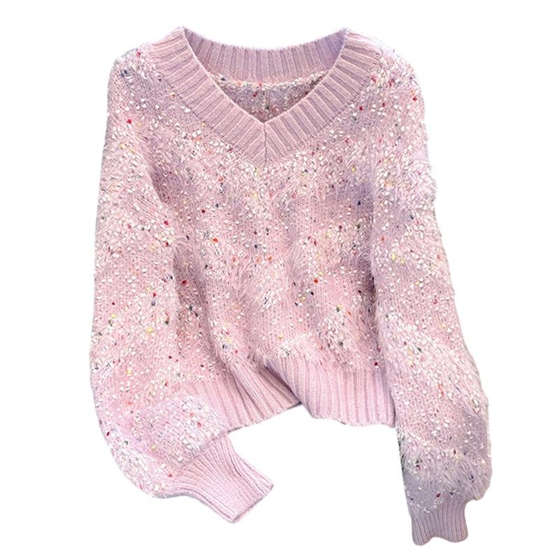 Gemütlicher und schicker bunter Polka-Dot-Pullover mit V-Ausschnitt, perfekt für den Frühling