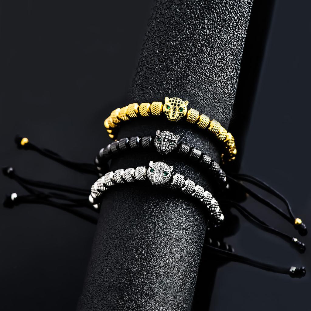 Luxury Royal Black Leopard Head Man Bracelet Stainless Steel Beads Hand Jewelry Big Boy Gift