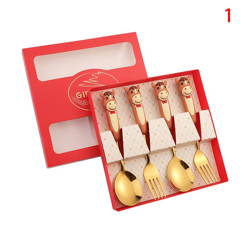 Year Of The Horse Chopsticks Spoons Set Gold Chinese  Year Stainless Steel Spoon Dessert Forks Decoration For Tableware