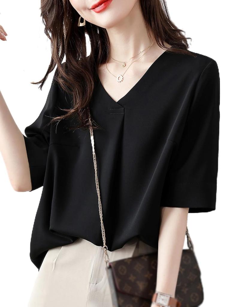 Blouse Summer Top Short Sleeve Loose Fit Outerwear Feminine Chiffon Shirt Pullover Plain Adult Elegant Clean Stylish Casual Formal Commuting OL [H.