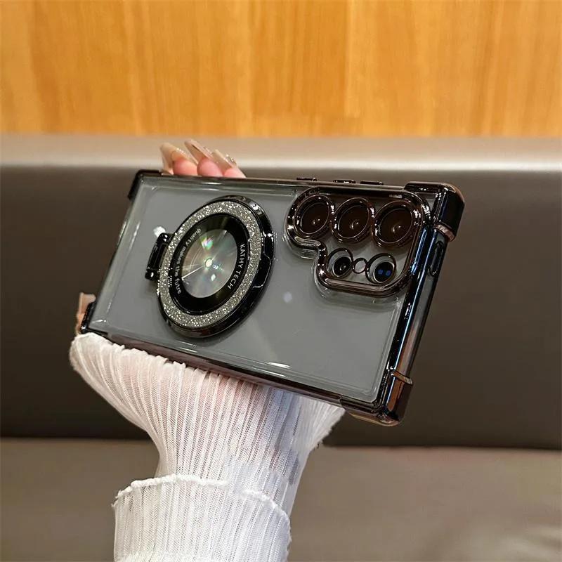 Pro Magsafe třpytivý pouzdro s držákem pro Samsung Galaxy S24 S25 Ultra S23 S22 Plus Note 20 stojánek gradientní pokovení třpytivý kryt