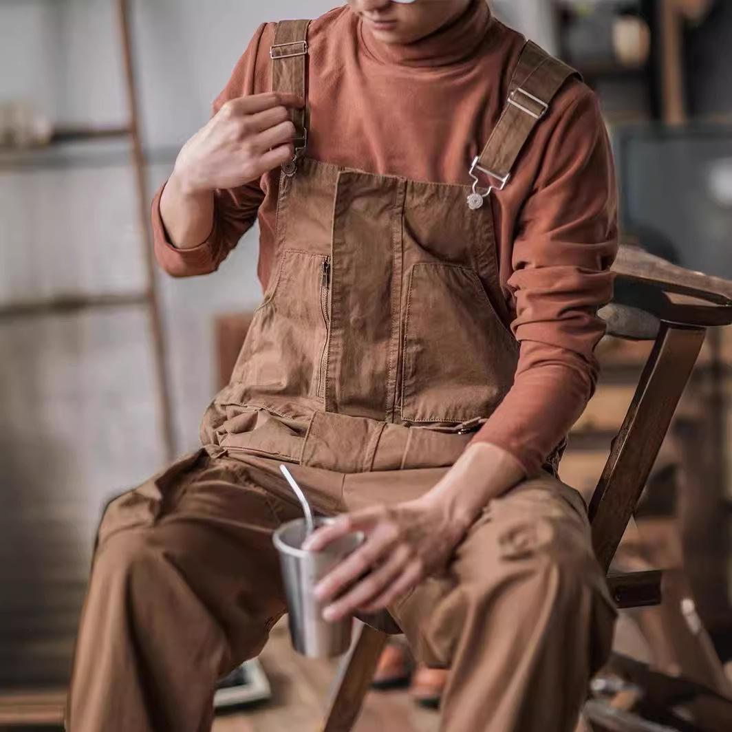

Fashion Green Retro Men s Suspenders American Style Cotton Overalls Loose Washing Jumpsuit All Seasons Full Length Baggy Pants Casual Soft M коричневый