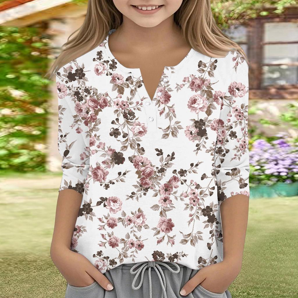 Print Tops For Youth Girls V Neck Button 3/4 Sleeves T-Shirts Trendy Tops Outfit Tees