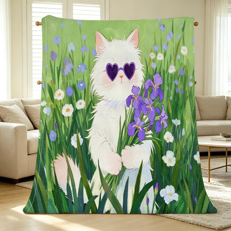 Plush Flannel Throw Blanket Cute Cat & Flower Design, Machine Washable, Soft Warm for Home, Office Naps, Halloween & Christmas Decor