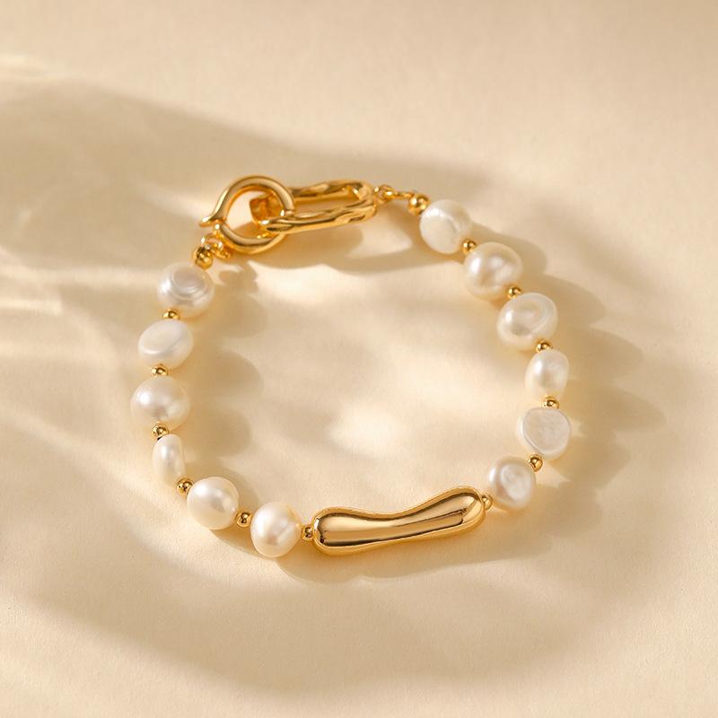 Gold Plated Pearl Bead & Irregular Metal Bar Bracelet With Extension Chain