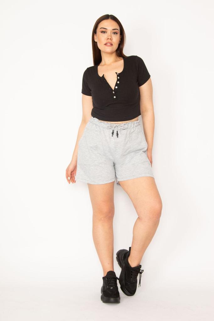 Damenmode Übergröße Shorts & Bermudas Große Größe Graue Shorts mit elastischem Bund und Schnür-Taschen