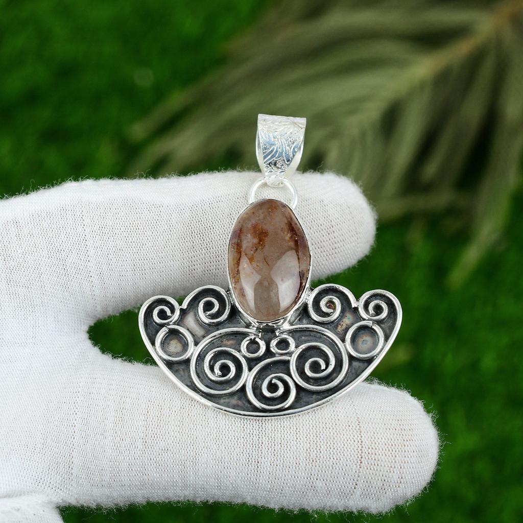 Oval Natural Elestial Quartz Sister Boho Bezel Trendy Pendant Sterling Silver