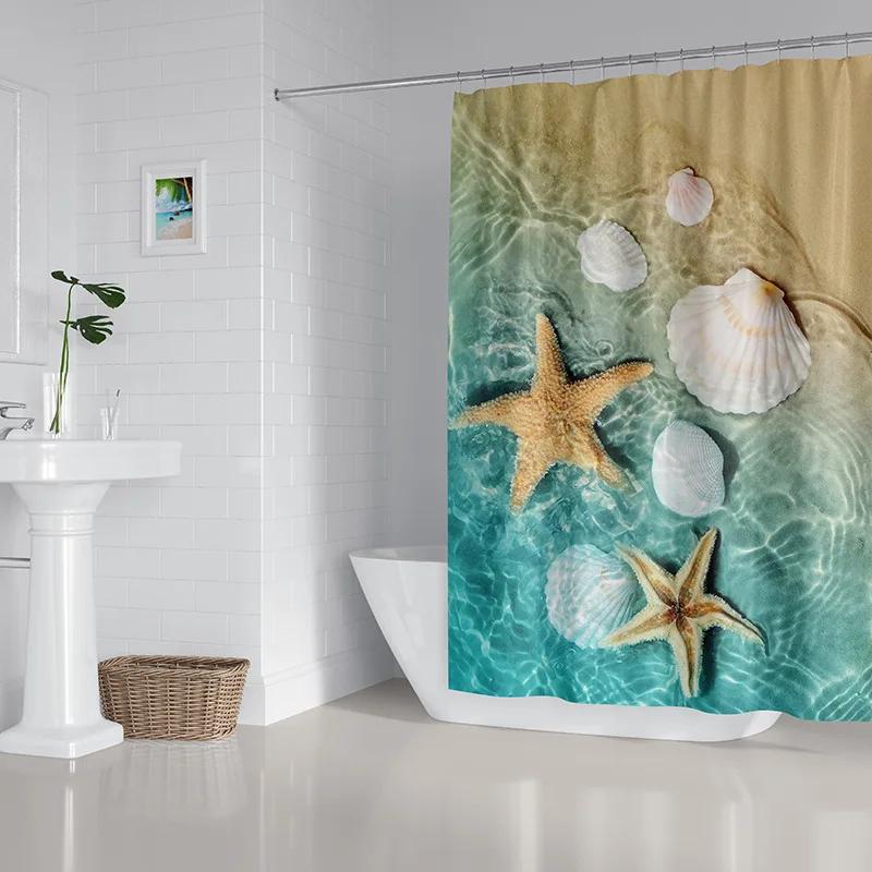 2022 New Shower Curtain Starfish Beach Pattern Bathroom Partition Waterproof  Coconut Sea View Polyester