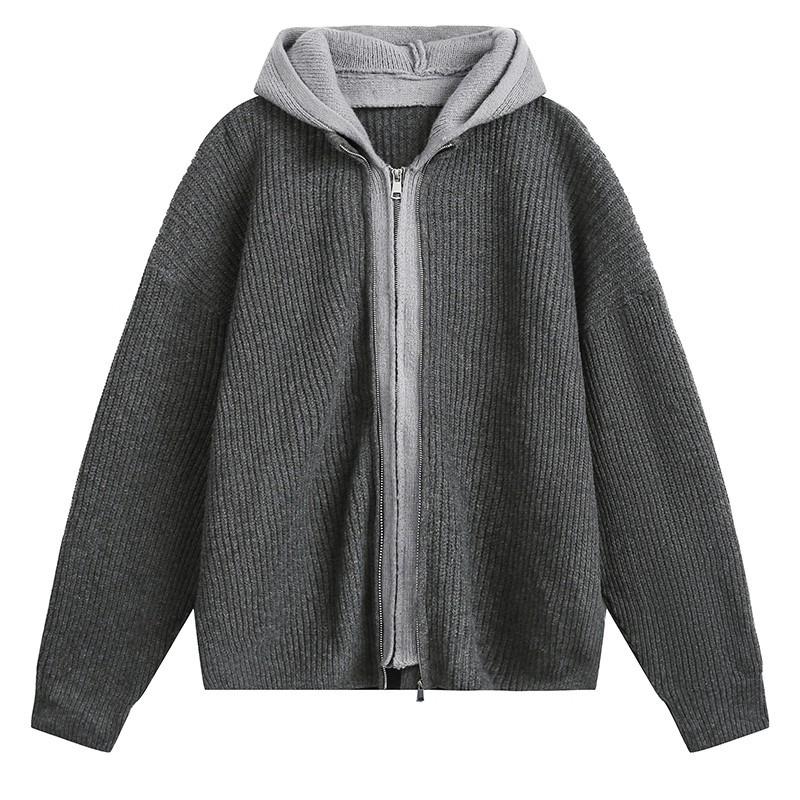 New Lazy Wind Fake Two-piece Cardigan Hooded Sweater Men's Autumn and Winter New Retro Trendy Brand Knitted Sweater Jacket Top