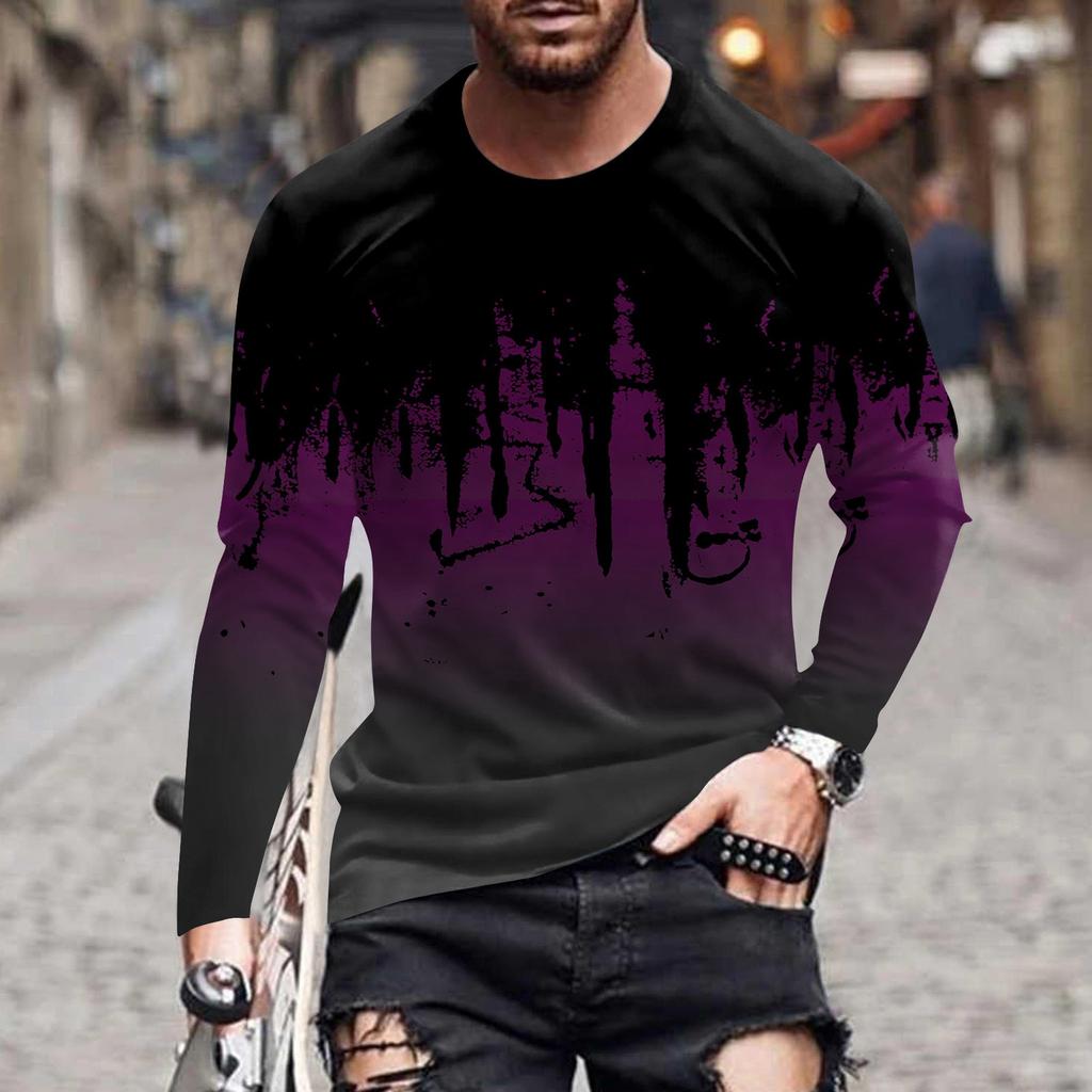 Men's Spring Ink Print Long Sleeve T-Shirt Men's Loose Casual Fashion Long Sleeve T-Shirt