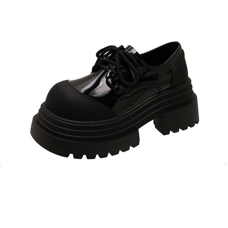 

[youshilai] Black and white color matching small leather shoes for women s 2025 new lace-up 6 cm thick-soled loafers 35