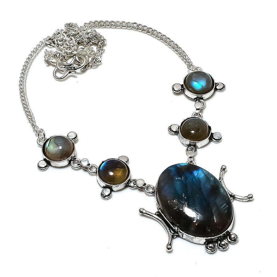 Natural Labradorite Gemstone 925 Sterling Silver Jewelry Necklace 18" ASN-6153
