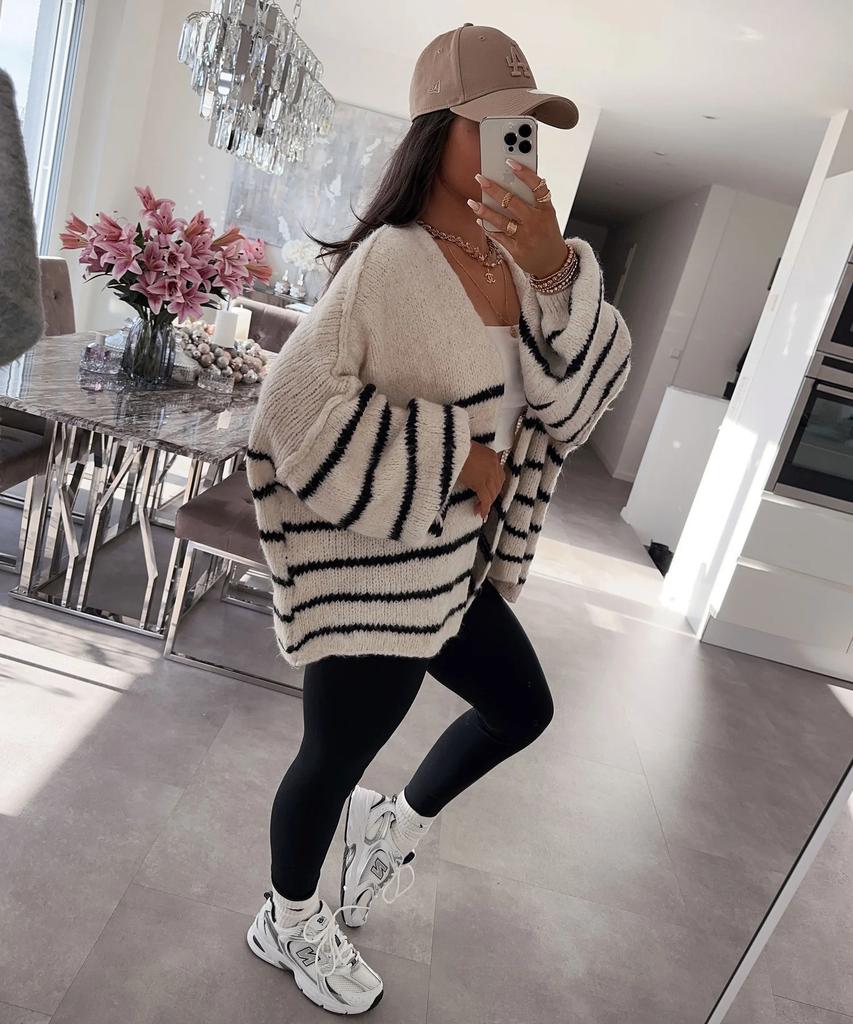 New autumn and winter sweater for women, loose contrasting stripes, reverse bone embroidery, knitted cardigan jacket for women 3583 KTB