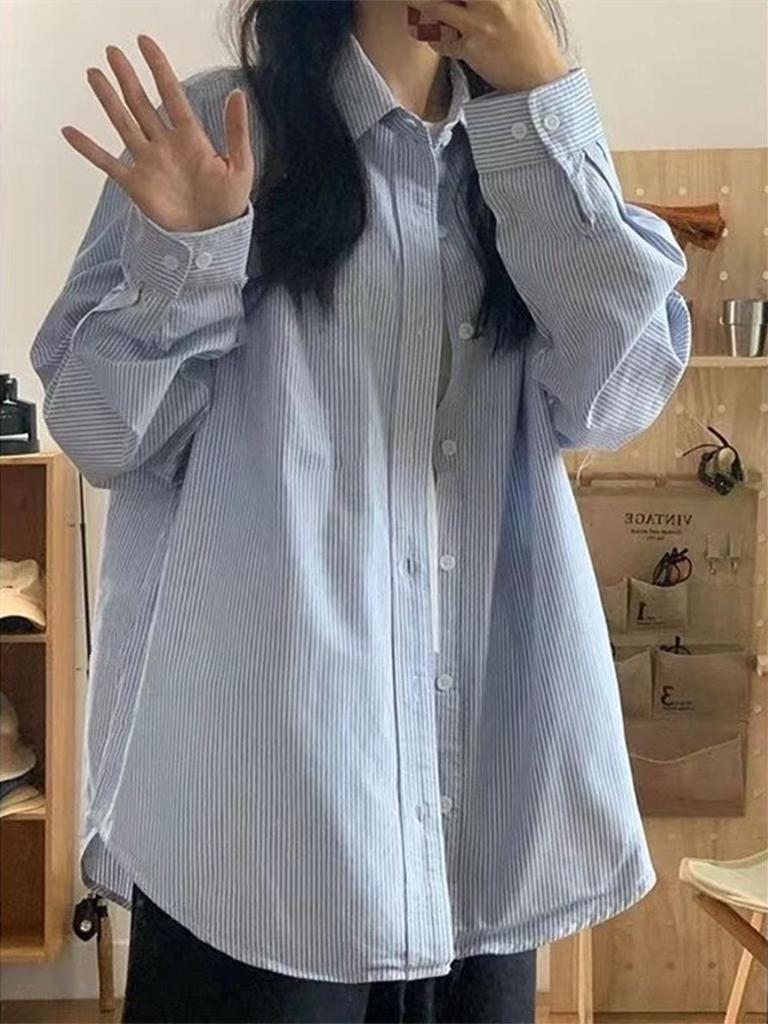 Women's Blue Striped Long Sleeve Loose Shirt Jacket - Versatile Korean Style for Spring and Autumn
