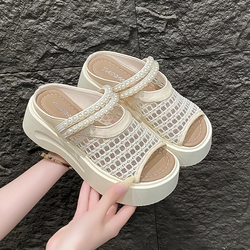 French Mary Jane Bag Head Half Slippers Women's Outer Wear 2025 Spring and Summer New Thick-soled One-pedal Pearl Cool Slippers