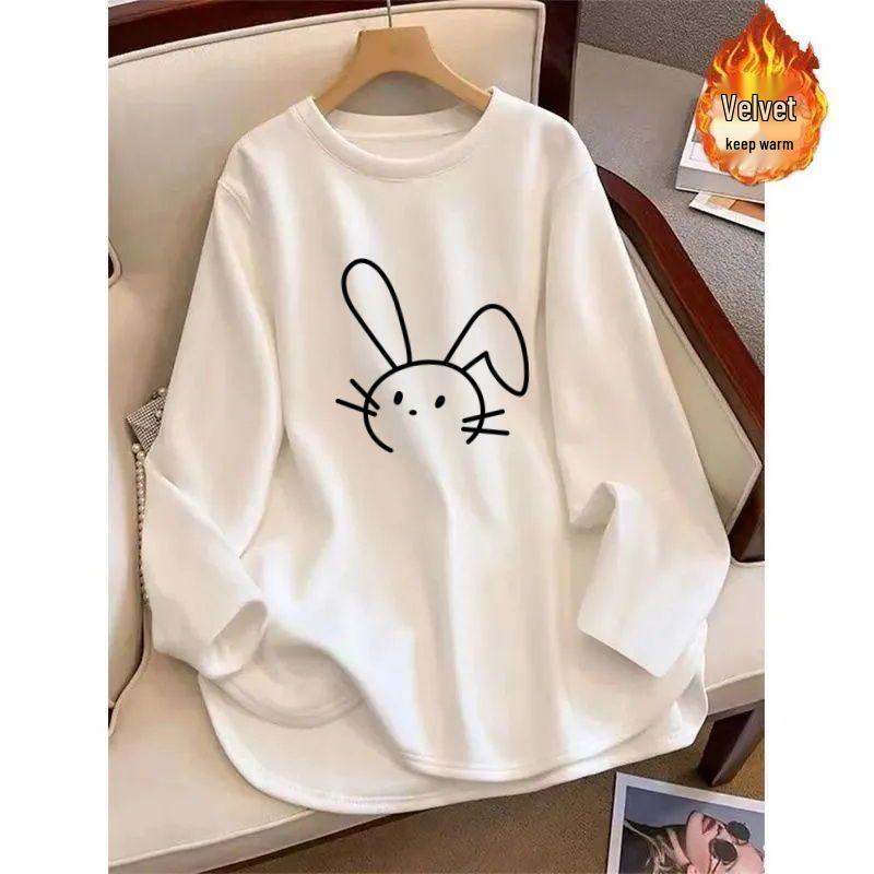 Korean Style Fleece-Lined Long-Sleeve White Top for Autumn/Winter M for 40-50kg