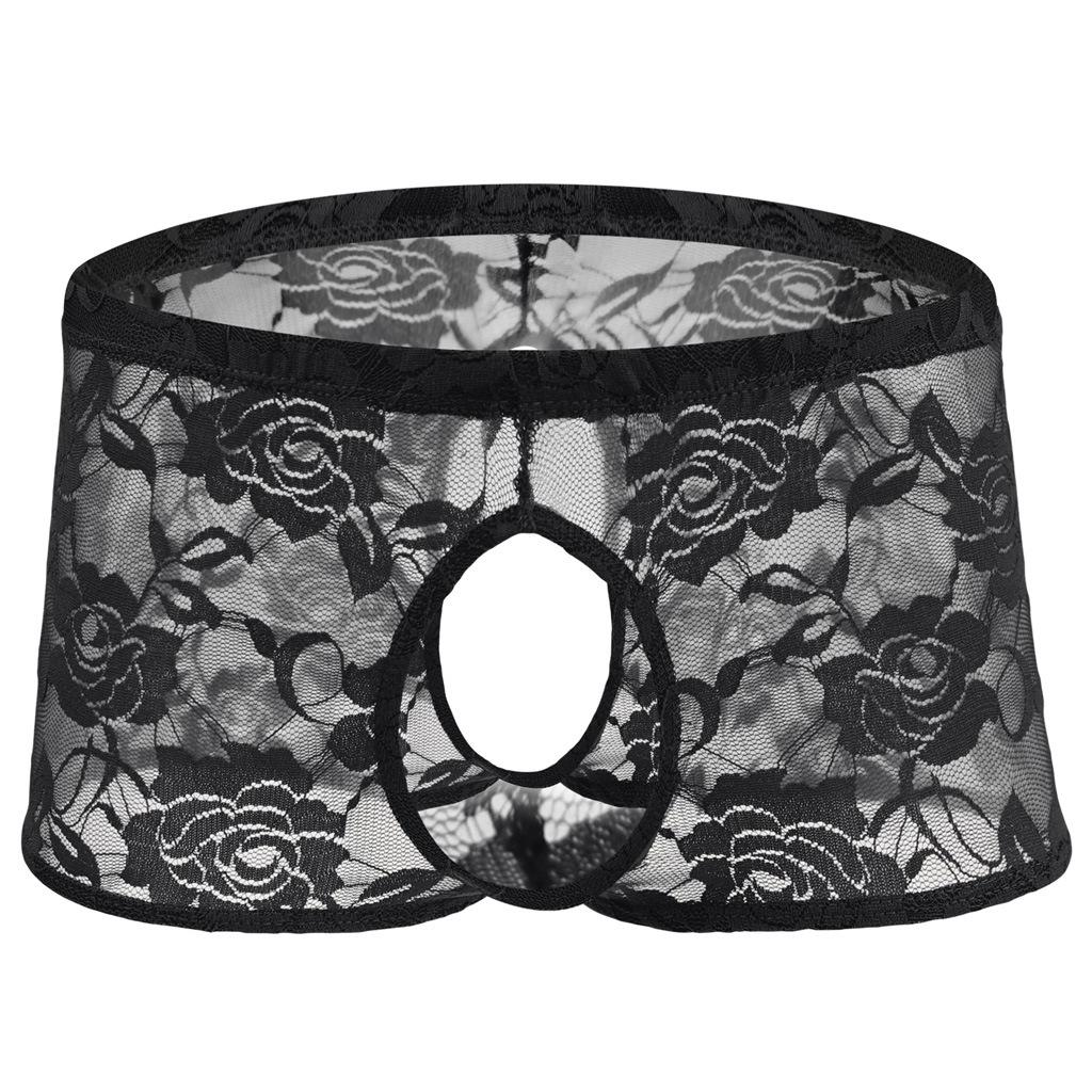 Men'S Rose Lace Boxers See Through Underwear Sissy Open Crotch Lingerie Open Front Penis Panties Crossdress Underpant Nightwear