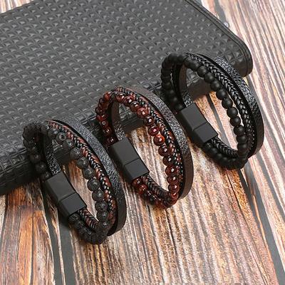 Fashion Layered Handmade Braided Leather Bracelet Tiger Eyestone Beaded Bracelet Characteristic Punk New Style Bracelet