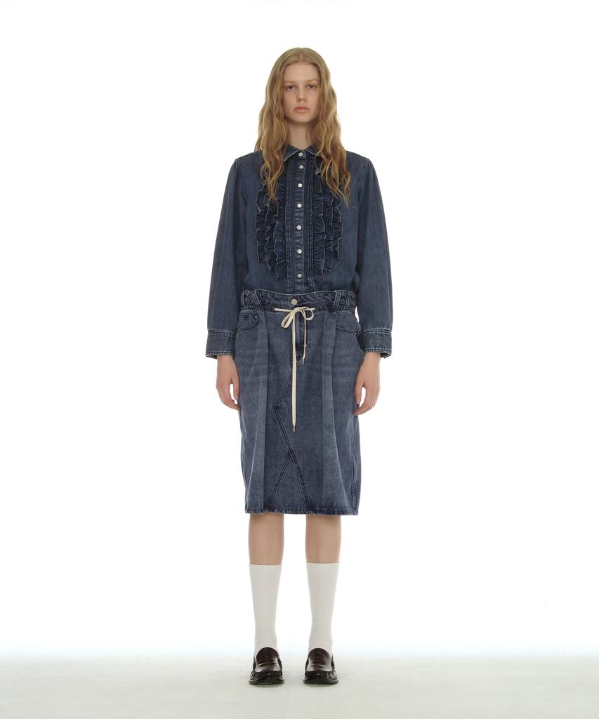 Partimento Woman Drawstring Denim Midi Skirt_Light Blue