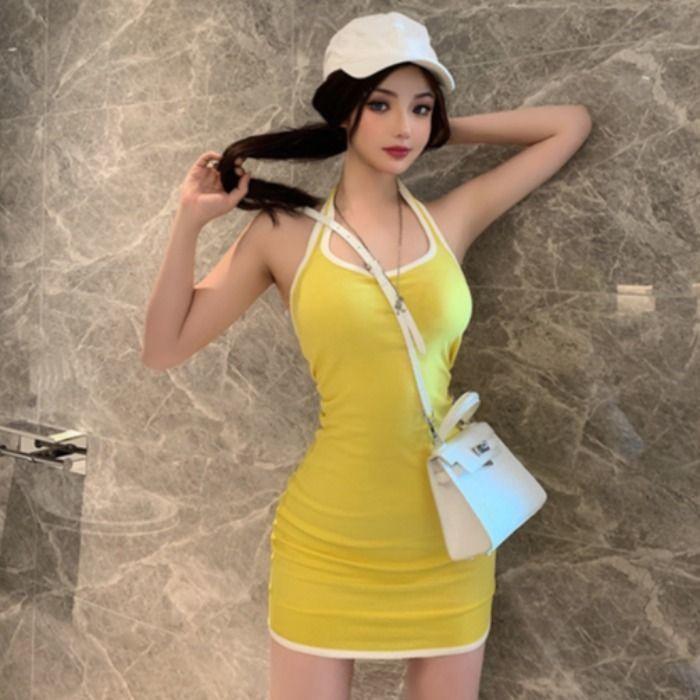 Style new contrasting color hanging neck sexy low cut sleeveless simple slim fit burst breasts backless vest slim fit hip wrap short skirt
