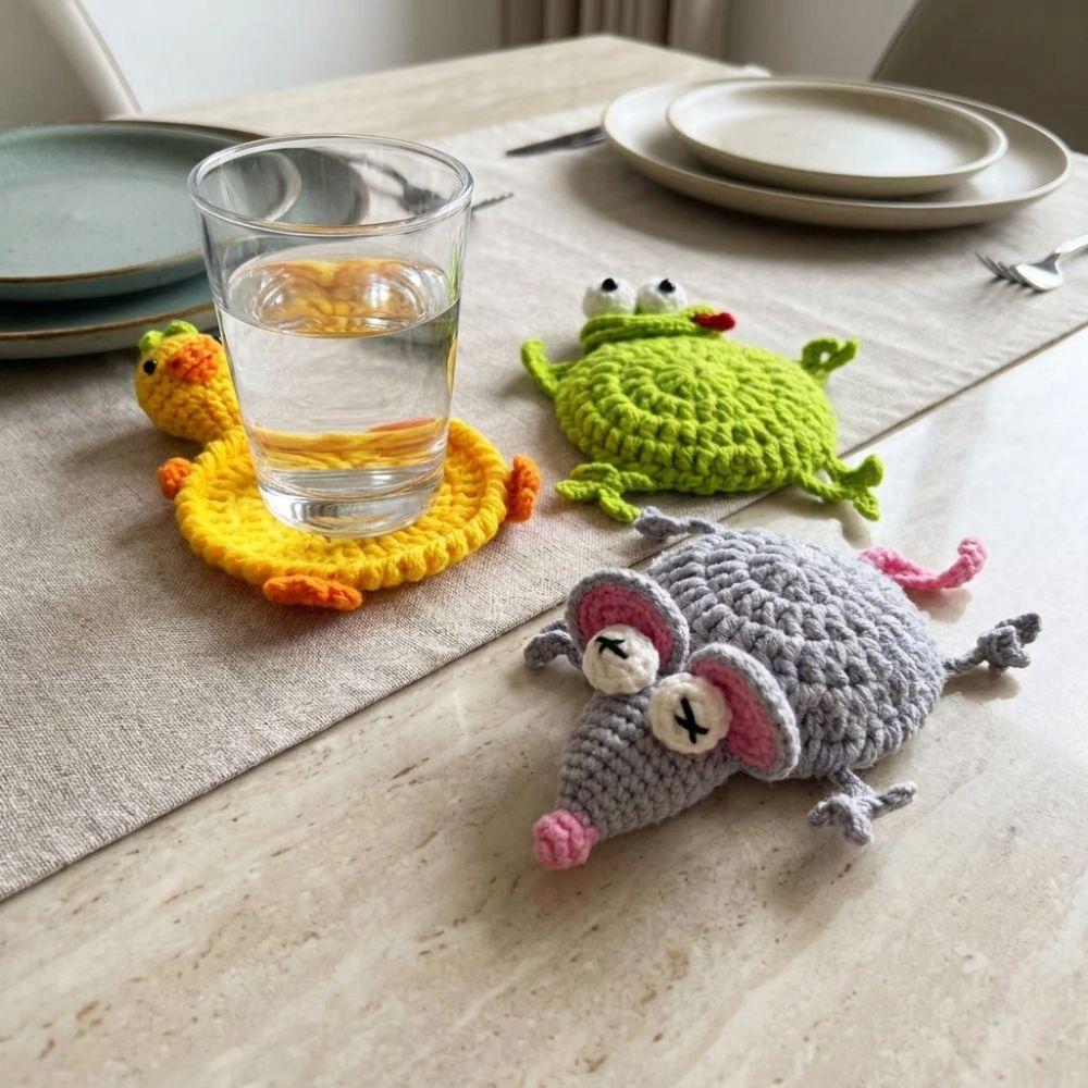 Funny Knitted Cup Mat Hand Woven Insulation Pad Finished Animal Drink Coaster Gift