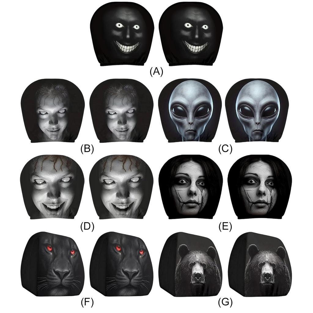 2Pcs Universal Car Headrest Covers Halloween Horror Face Printing Design Breathable Elastic Car Seat Headrest Cover Dustproof