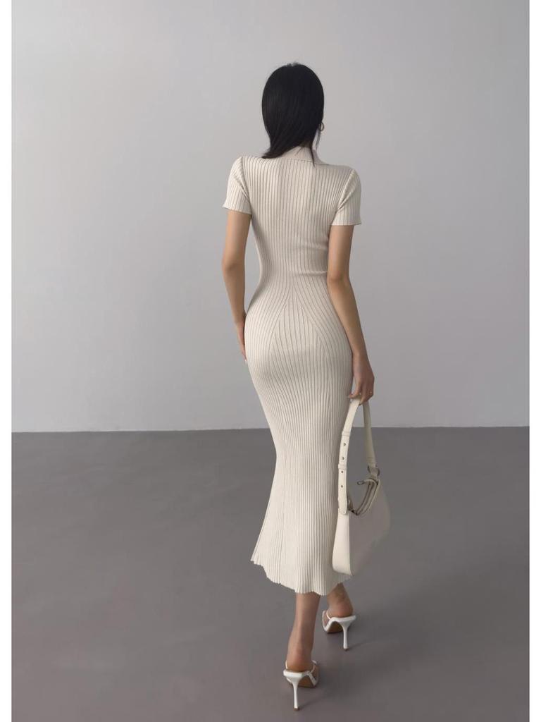 European & American Fishtail Knit Dress: Women's Summer Slim Fit Polo with Short Sleeves and Hip Wrap Skirt