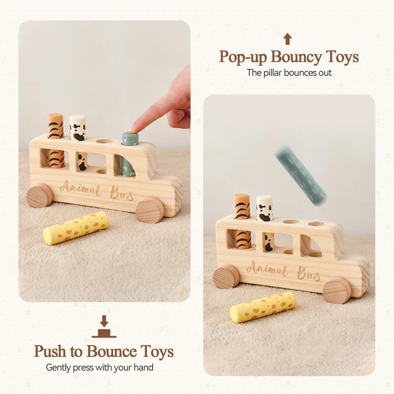 Montessori Toys Wooden Bus Press Bounce Toy Baby Finger Fine Sports Game Animal Skin Cognition Educational Toys No Bpa Kid Gift