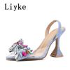 Fashion Liyke Strange Style Blue High Heels Mules Sandals Summer Fashion Crystal Denim Bowknot Pointed Toe Party Dress Shoes Women Pumps