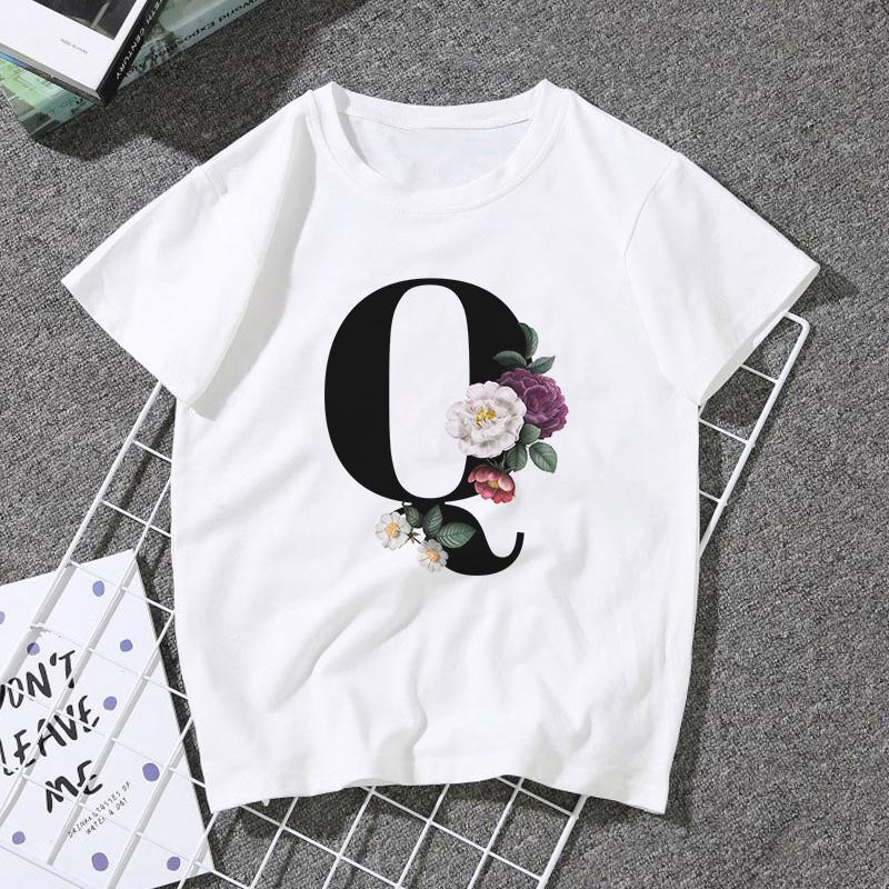 A B C D E English Alphabet Print T Shirt Women Short Sleeve Couples Lovers Female