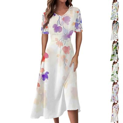 Γυναικεία Casual Fashion Floral (Φύλλο)  Φόρεμα με στάμπα με λαιμόκοψη με κοντό μανίκι στη μέση και μακριά
