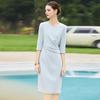 Spring/Summer Light Blue Professional Round Neck Seven-Sleeve Formal Dress for Women