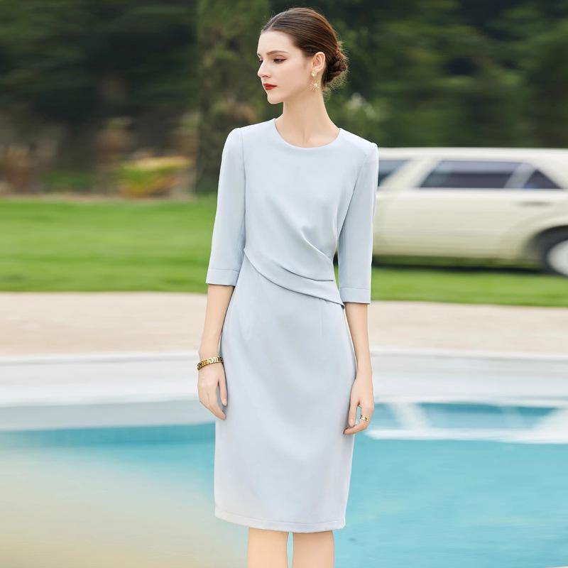 Spring/Summer Light Blue Professional Round Neck Seven-Sleeve Formal Dress for Women