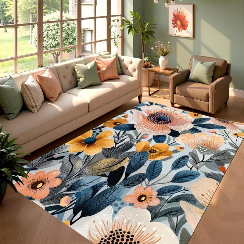 Moody Dark Blue Floral Oil Painting Area Rug Non-Slip Floor Mat for Living Room Bedroom Elegant Moody Home Decor