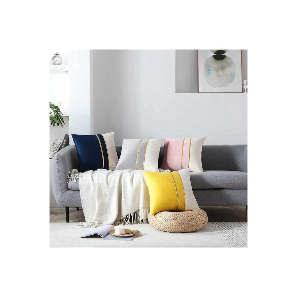 2 Pcs Velvet Look Decorative Throw Pillow Covers With Gold Leather Strips